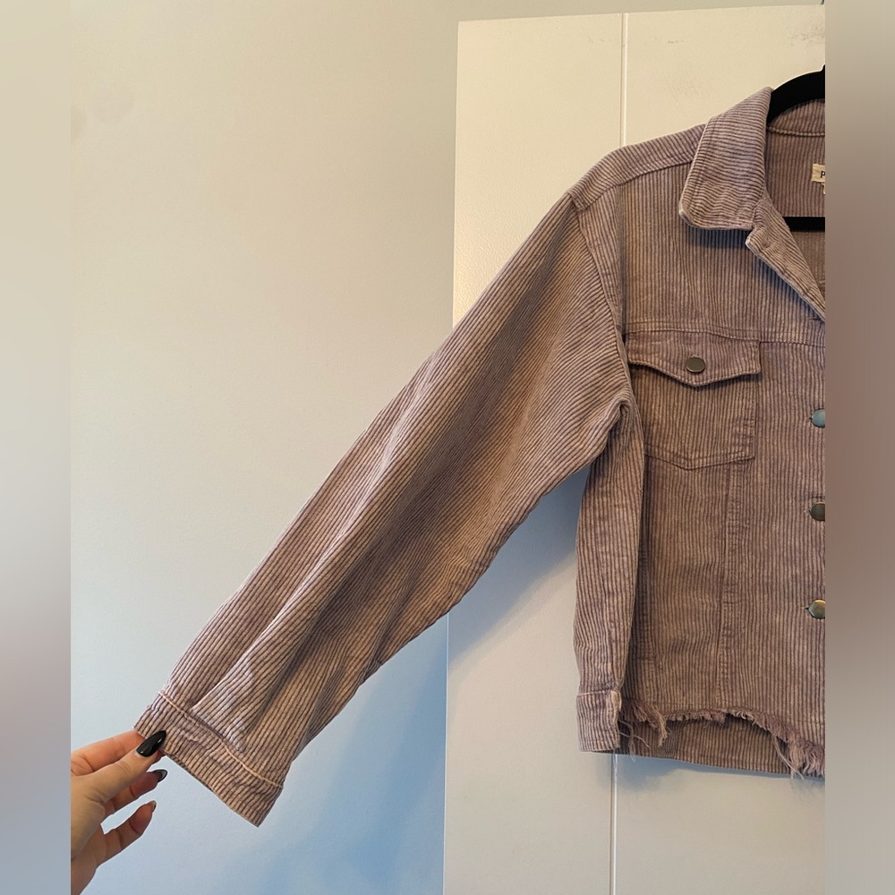 POL Clothing- Frayed Hem Corduroy Trucker Jacket Lavender - Picture 5 of 8